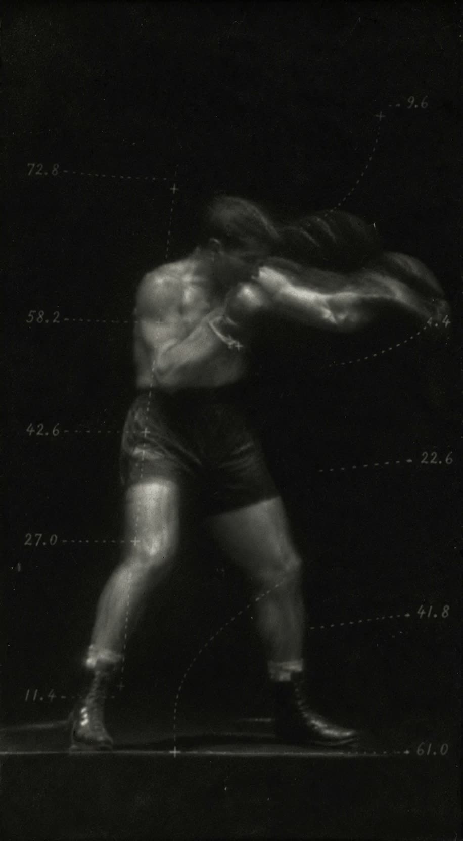 Boxer in guard, motion study with measurement grid